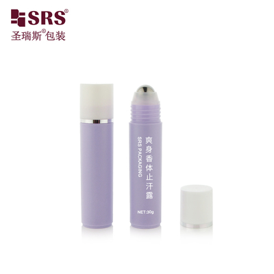 RPP-30ml ইনজেকশন বেগুনি চকচকে ম্যাট সমাপ্তি সাদা ক্যাপ স্ট্যাম্পিং সঙ্গে সিলভার রিং ইস্পাত বল ম্যাসেজ চুল সিরাম রোলার বোতল
